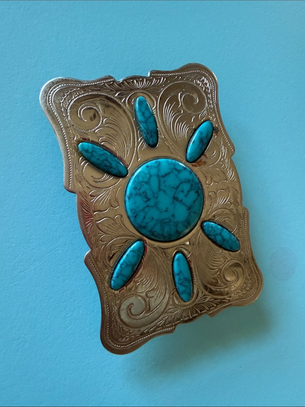 Turquoise Stone Western Belt Buckle - Brass Tone